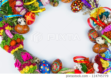 willow Sunday background of willow branches, willow bouquets. Easter top view. place for text willow Sunday background of willow branches, willow bouquets. Easter top view. place for text 114745779