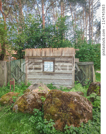 Small wooden house with fake window standing in woods behind a huge boulder covered with moss surrounded by green grass Small wooden house with fake window standing in woods behind a huge boulder covered with moss surrounded by green grass 114745983
