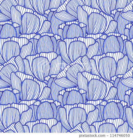 Tulips flower, hand drawn blue ink spring floral background seamless pattern for textile, blue flower background 114746050