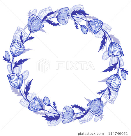 Tulips circle frame for wedding card or invite. Vector illustration, blue ink hand drawn spring blue ink flower 114746051