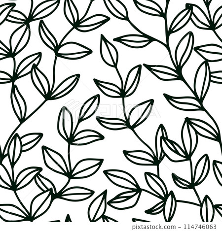 Doodle dark green leaves seamless pattern with cute outline leaves. Vector background 114746063