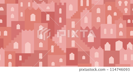 Abstract minimalist geometric moroccan landscape, city. Flat building shapes, stairs, arches seamless pattern like Marracech. Moroccan style background for wrapping paper, textile, fabric, banner 114746093
