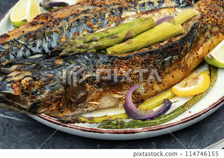 Baked mackerel with asparagus. Baked mackerel with asparagus. 114746155