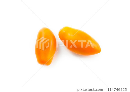 Two yellow tomatoes isolated on white background with clipping path. . Two yellow tomatoes isolated on white background with clipping path. . 114746325