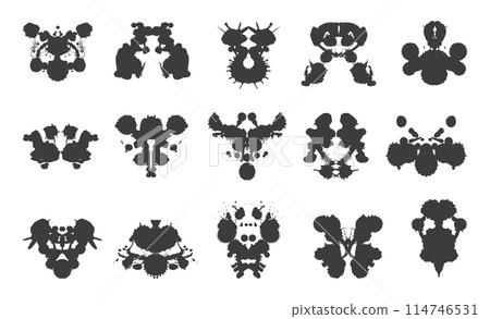 Rorschach inkblot test. Mental health diagnostic materials, black abstract ink blots in various shapes. Psychology, psychiatry neoteric vector tools 114746531