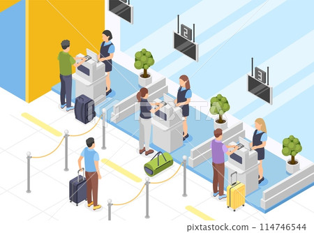 Isometric airport baggage tape and check in service. Passengers registration plane process. People with suitcases waiting, flawless vector scene Isometric airport baggage tape and check in service. Passengers registration plane process. People with suitcases waiting, flawless vector scene 114746544