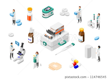 Isometric pharmacy industry. Medical characters with medications, first aid kit and ambulance. Laboratory and hospital elements, flawless vector set Isometric pharmacy industry. Medical characters with medications, first aid kit and ambulance. Laboratory and hospital elements, flawless vector set 114746545