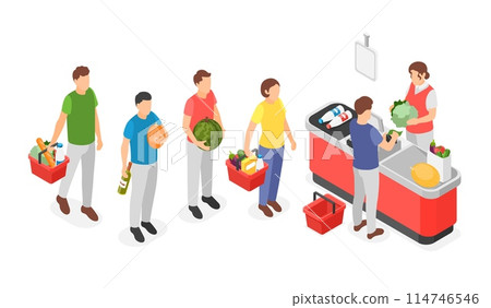 Isometric grocery store waiting line to cash service. Queue to cashier, people buy food and drinks, vegetables and fruits. Supermarket flawless vector scene 114746546