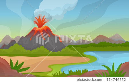 Volcano eruption landscape. Natural disaster in green valley. River, forest silhouette and mountain with lava and fire fountain, neoteric vector scene 114746552