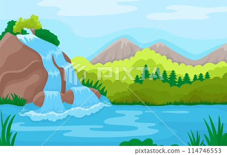 Nature landscape with waterfall in valley. Water streams in lake, hills or mountains and forest. Wild river, neoteric cartoon vector background 114746553