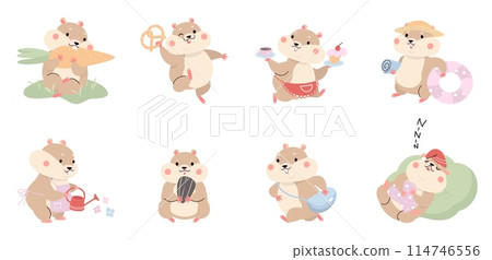 Funny hamster. Cute cartoon hamsters in different situations. Fluffy domestic pets playing and eating, sleeping and running, nowaday vector clipart Funny hamster. Cute cartoon hamsters in different situations. Fluffy domestic pets playing and eating, sleeping and running, nowaday vector clipart 114746556