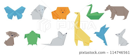 Japanese origami set. Polygonal animals and birds. Isolated paper art characters, giraffe, butterfly, swan and turtle. Handmade decent vector clipart Japanese origami set. Polygonal animals and birds. Isolated paper art characters, giraffe, butterfly, swan and turtle. Handmade decent vector clipart 114746561