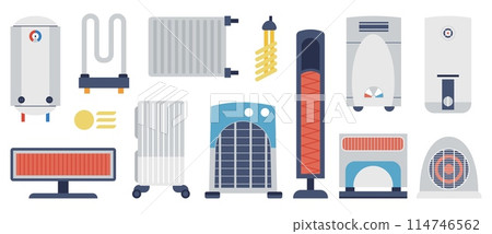 Heating system. Gas boilers and electric radiators. Home fan, air conditioner and radiator devices. Sun heat, house warming decent vector icons Heating system. Gas boilers and electric radiators. Home fan, air conditioner and radiator devices. Sun heat, house warming decent vector icons 114746562