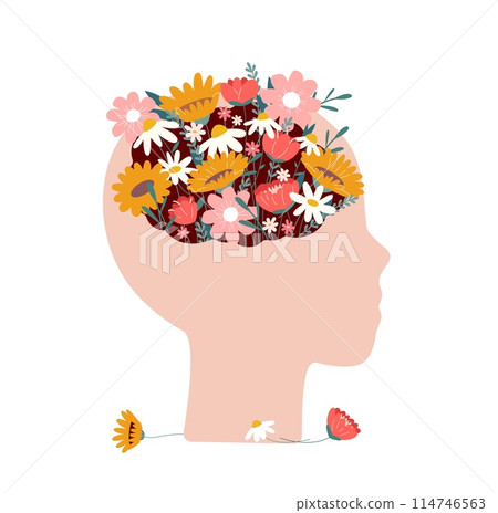 Healthy mind and brain. Mental healthcare metaphor, human face silhouette and floral bouquet in head. Fresh and creativity, vector concept 114746563
