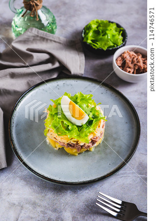 Hearty canned tuna salad with vegetables and herbs on a plate vertical view 114746571