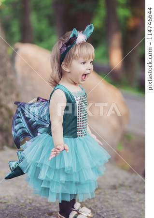 adorable baby in a dragon costume in the garden 114746644