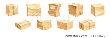 Crumpled Cardboard Box with Corrugated Sides as Packaging and Shipping Container Vector Set 114746728