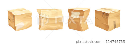 Crumpled Cardboard Box with Corrugated Sides as Packaging and Shipping Container Vector Set 114746735