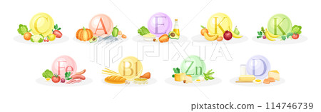 Food Group and Vitamin Category of Macro and Micronutrient Vector Set 114746739