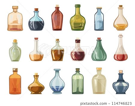 Glass bottles set. Types forms and shapes og drinking bottles. Decorative glass vessel. Cartoon style vector clipart Glass bottles set. Types forms and shapes og drinking bottles. Decorative glass vessel. Cartoon style vector clipart 114746823
