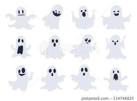 Funny scary halloween ghost. Spooky cute monsters. Ghosts set. Naive simple flat cartoon vector party characters Funny scary halloween ghost. Spooky cute monsters. Ghosts set. Naive simple flat cartoon vector party characters 114746825