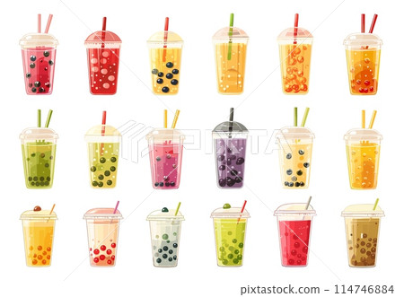 Bubble tea set. Trendy cold summer fruit drinks. Simple flat cartoon style. Colorful vector beverages 114746884