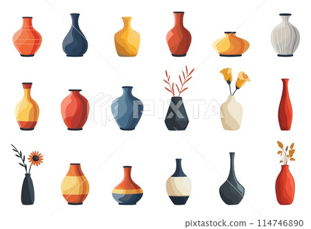 Abstract vases set. Vessels with flowers. Decorative pots vector flat style collection 114746890