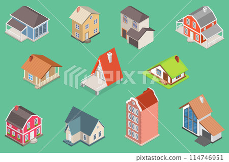 3D Isometric Flat Vector Set of Village Buildings, Various Small and Big Houses 114746951