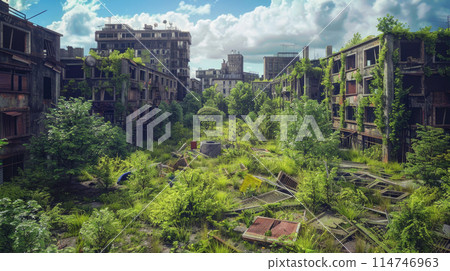 City after end of world, panorama of abandoned buildings overgrown with grass and green plants. Theme of post apocalypse, war, future, jungle, dystopia. 114746963
