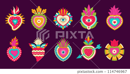 Mexican hearts. Authentic symbols eyes and decorative hearts religious decoration recent vector love symbols collection Mexican hearts. Authentic symbols eyes and decorative hearts religious decoration recent vector love symbols collection 114746967