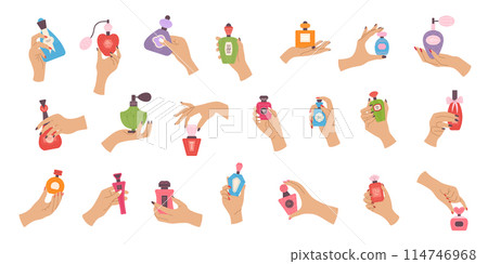 Perfume bottles. Fragrance glass bottles in woman hands recent vector beauty cosmetic products Perfume bottles. Fragrance glass bottles in woman hands recent vector beauty cosmetic products 114746968