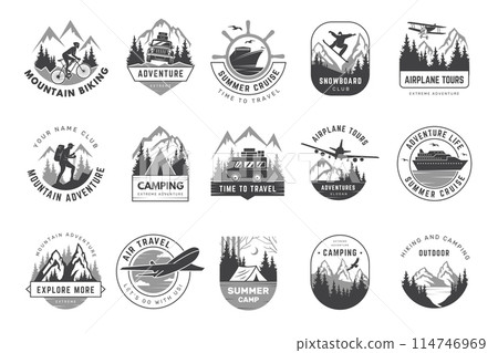 Outdoor badges. Travelling logo adventure and exploring time climbing hiking riding camping recent vector outdoor exploration tours Outdoor badges. Travelling logo adventure and exploring time climbing hiking riding camping recent vector outdoor exploration tours 114746969