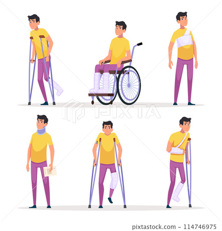 Injury character. Human bandaged body hands or legs fixation medical treatment exact vector pictures of broken bones bandaged Injury character. Human bandaged body hands or legs fixation medical treatment exact vector pictures of broken bones bandaged 114746975