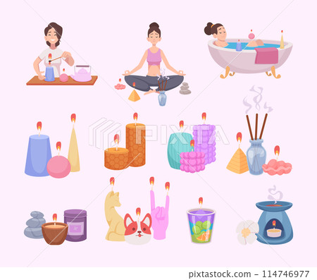 Aroma candles. Smell therapy with wax aroma candles exact vector relax time in massage saloon Aroma candles. Smell therapy with wax aroma candles exact vector relax time in massage saloon 114746977