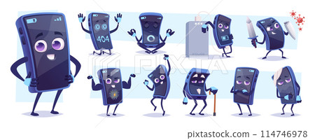 Smartphone mascot. Cartoon mobile phone with hands and emotional faces posing exact vector template character Smartphone mascot. Cartoon mobile phone with hands and emotional faces posing exact vector template character 114746978
