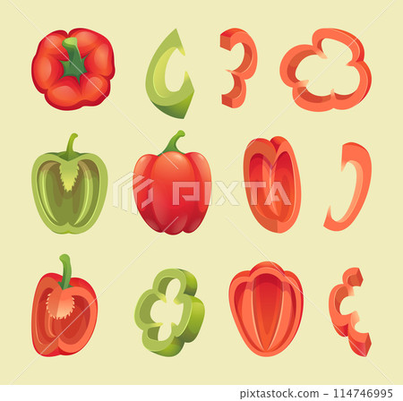 Bell pepper. Sliced fresh vegetables red green and yellow colors exact vector healthy eco vegan products 114746995