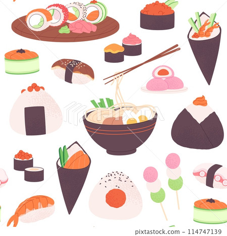 Asian food seamless pattern. Delicious traditional meals with rice, seafood, vegetables and nori. Noodles and sushi, racy vector print design 114747139