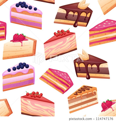 Cakes seamless pattern. Creamy cake slices with berry, chocolate and jam. Cafe or cafeteria food, fabric wrapping print design, nowaday vector template Cakes seamless pattern. Creamy cake slices with berry, chocolate and jam. Cafe or cafeteria food, fabric wrapping print design, nowaday vector template 114747176