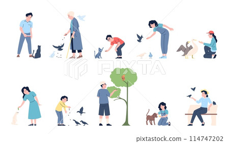 People feeding animals and birds. Old and young person feed homeless animal, wild squirrels and rabbit. Volunteering, rescue, recent vector set 114747202