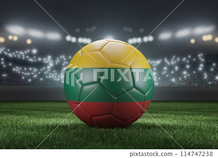 Soccer ball in flag colors on a bright blurred stadium background. Lithuania. 3D image 114747238