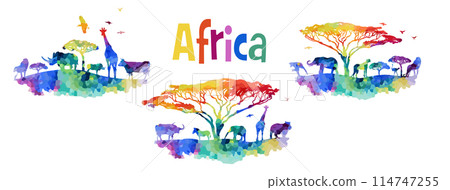 Welcome to Africa poster. Africa abstract animals colored silhouette. hand drawing. Not AI, Vector illustration 114747255