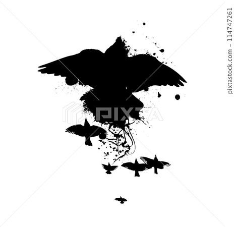 silhouette of a black bird with blots. hand drawing. Not AI, Vector illustration silhouette of a black bird with blots. hand drawing. Not AI, Vector illustration 114747261