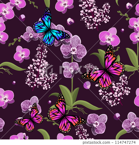 Orchid seamless pattern on a dark background with butterflies , Hand drawing. Not AI. Vector illustration Orchid seamless pattern on a dark background with butterflies , Hand drawing. Not AI. Vector illustration 114747274