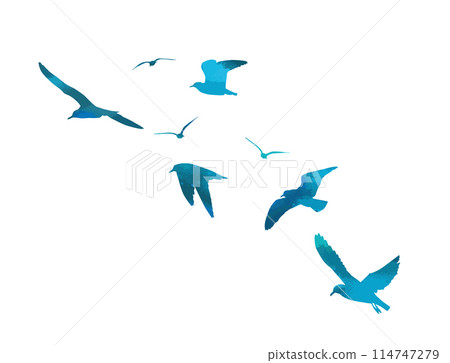 Flying blue seagulls silhouette. hand drawing. Not AI, Vector illustration Flying blue seagulls silhouette. hand drawing. Not AI, Vector illustration 114747279
