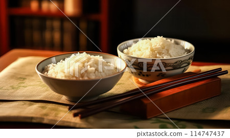 Capturing the simplicity and perfection of steamed rice in a ceramic bowl 114747437