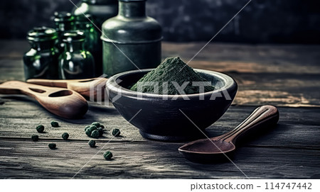Spirulina powder in a glass jar on a wooden table 114747442