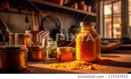 Turmeric powder in a glass jar on a wooden table 114747443