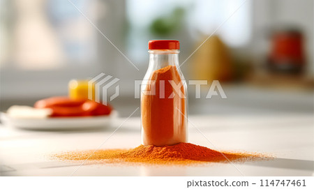 Paprika powder in a glass jar on a wooden table Paprika powder in a glass jar on a wooden table 114747461
