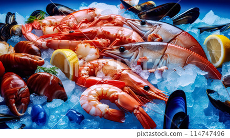 Seafood artfully arranged on shaved ice 114747496
