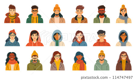 People Avatars Set. Diverse Cartoon Characters in Various Poses. Isolated Vector Collection on White Background. Simple Flat Style for Profile Icons and User Illustrations 114747497